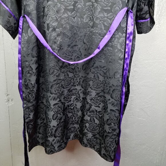 Vtg Victoria Secret Gold Label Robe One Size Satin Rose Black Purple Tie Kimono - Picture 9 of 15